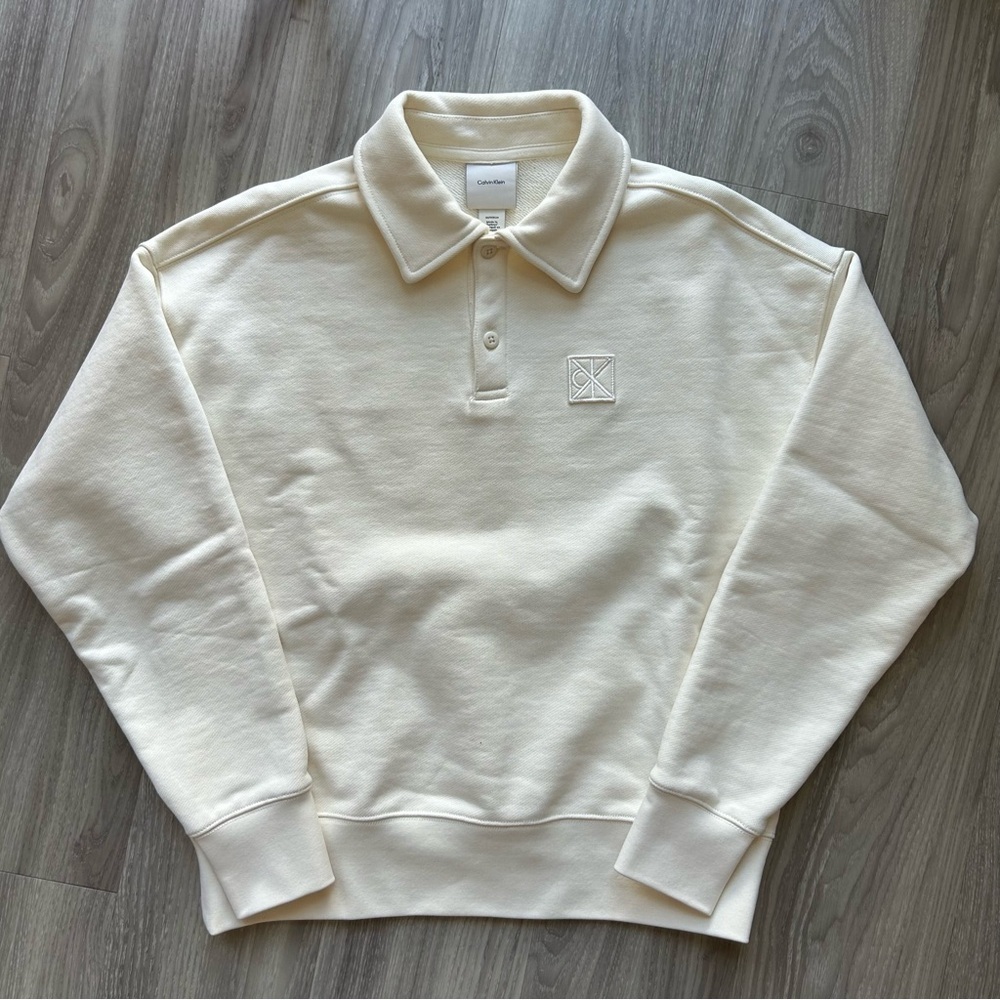 Calvin Klein | French Terry Emblem Logo Polo Sweatshirt in Chalk/Cream (XS)
